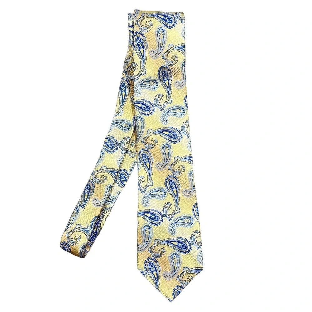Bruno Piattelli Mens Tie 100% Silk Handmade Designer Italy Yellow‎ Blue Paisley